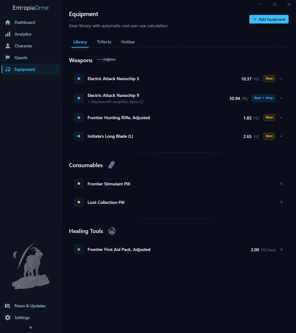Equipment library: weapons, healing tools, and consumables with cost-per-use figures.